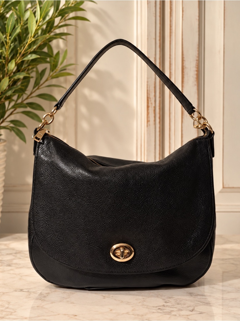 Coach Black Pebbled Leather Turnlock Hobo Shoulder Bag